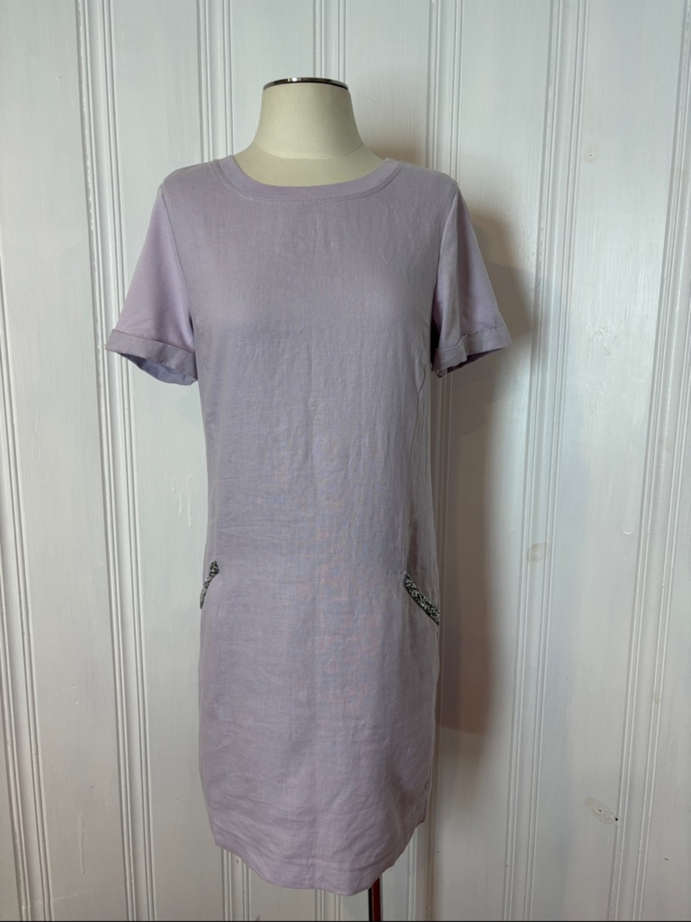 OUI Lilac Linen & Cotton Jersey Shift Dress Rhinestone Pockets - Size 4 / EU 36